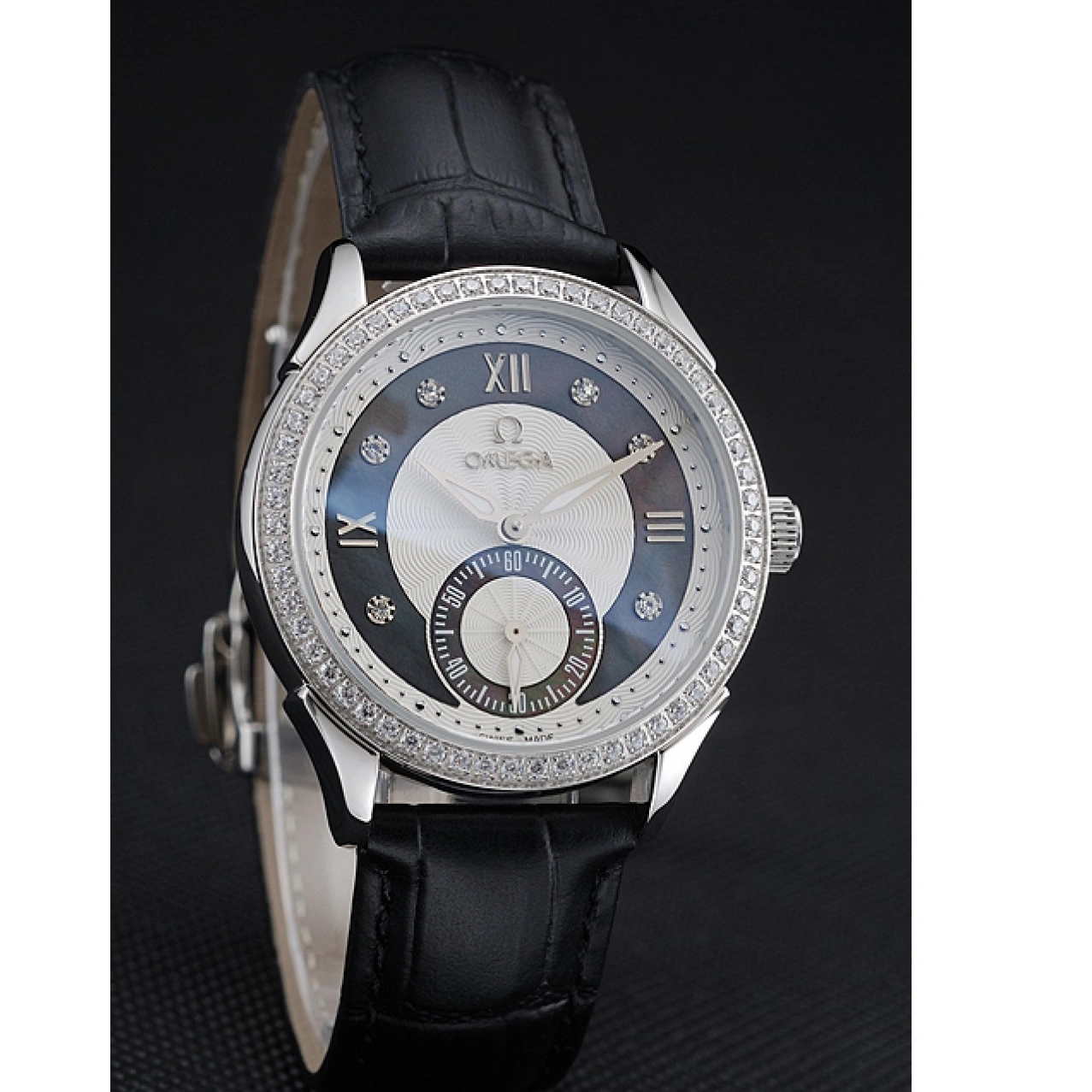 1029 Omega DeVille Prestige Black Dial Silver Diamond Case Black Leather Bracelet 1454120